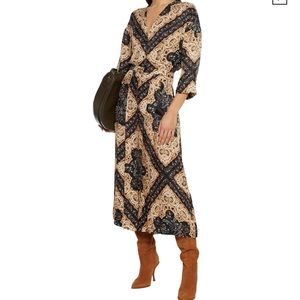 NWT Steva Pleated Printed Satin-jacquard Midi Dress In Sand